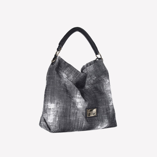 BLACK DENIM TOTE BAG WITH BLACK LEATHER HANDLES AND SHOULDER STRAP BIANCA - Nero | Roberto Festa