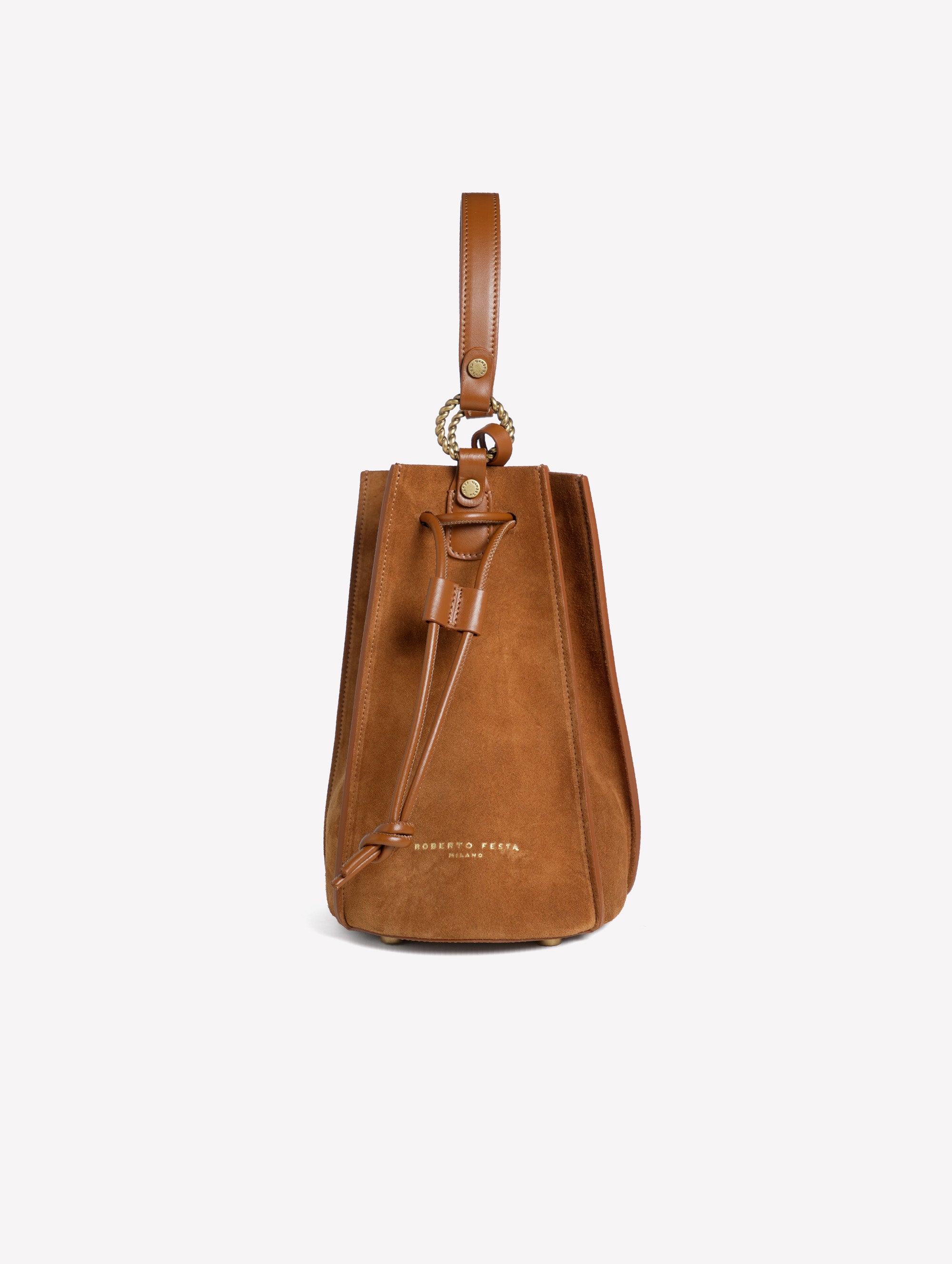 LEATHER-COLORED SUEDE BUCKET BAG WITH LEATHER TRIM SAFIRA