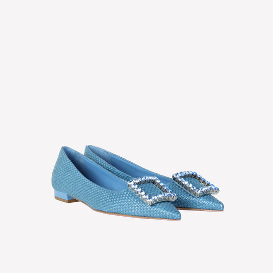 BALLERINA FLAT IN RAFFIA JEANS WITH TONE ON TONE ACCESSORY AMAIA - Women&#39;s Shoes: Elegant Footwear | Official Site