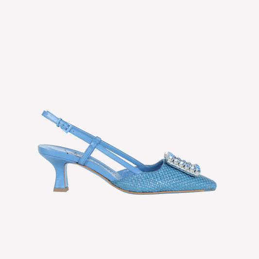 SLINGBACK IN JEANS RAFFIA WITH TONE ON TONE ACCESSORY STEFY - Feed Spring Summer 2024 | Roberto Festa