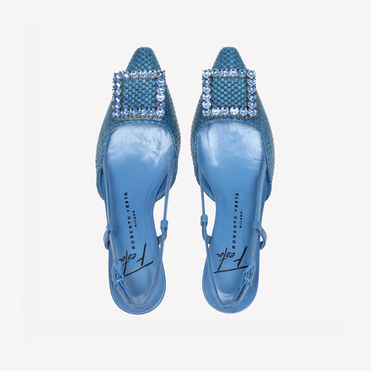 slingback in raffia jeans con accessorio strass in tinta stefy - Azzurro | Roberto Festa
