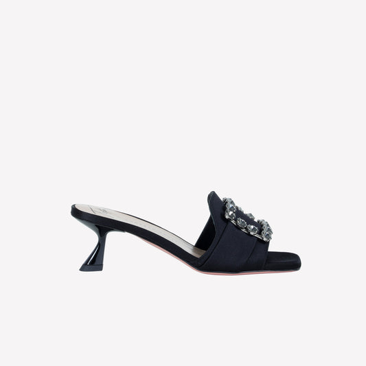 SANDAL IN BLACK SATIN WITH TONE ON TONE STRASS ACCESSORY BASA - Women's Mules and Slides | Roberto Festa