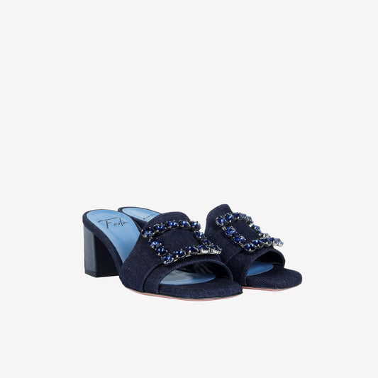 SANDAL IN JEANS DENIM WITH STRASS ACCESSORY TONE ON TONE BASA - Women's Mules and Slides | Roberto Festa