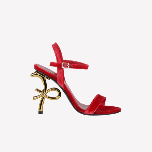 RED VELVET SANDAL WITH LOGO SCULPTURE HEEL META - Rosso | Roberto Festa
