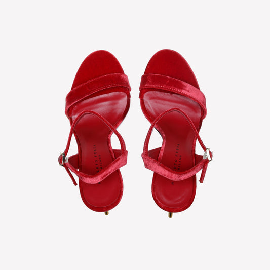 RED VELVET SANDAL WITH LOGO SCULPTURE HEEL META - Rosso | Roberto Festa
