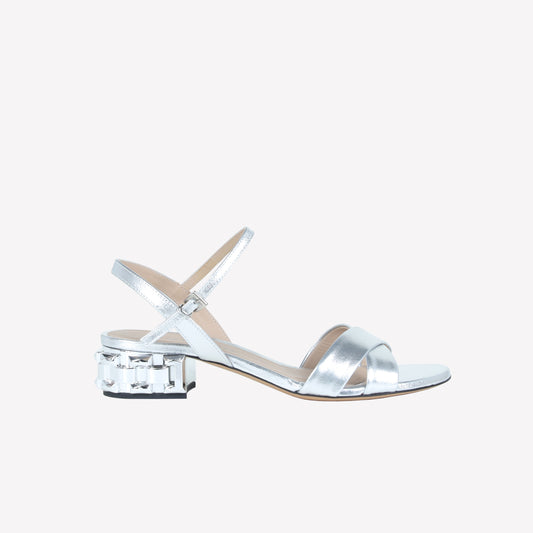 SANDAL WITH ANKLE STRAP IN SILVER LUXOR LEATHER WITH CHAIN HEEL OTTAVIA  - Products | Roberto Festa