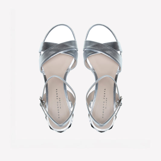 SANDAL WITH ANKLE STRAP IN SILVER LUXOR LEATHER WITH CHAIN HEEL OTTAVIA  - Oro | Roberto Festa