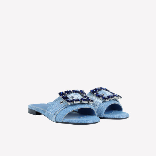 FLAT IN JEANS VINTAGE WITH STRASS ACCESSORY TONE ON TONE FADE - Women's Mules and Slides | Roberto Festa
