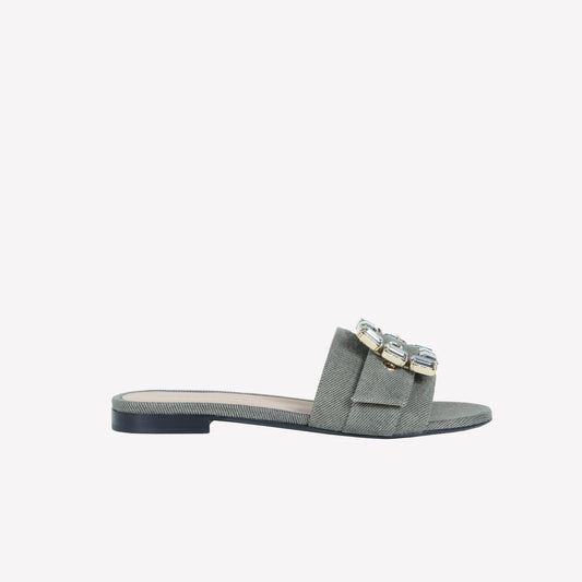 FLAT IN JEANS KAKI WITH STRASS ACCESSORY TONE ON TONE FADE - Women's Mules and Slides | Roberto Festa