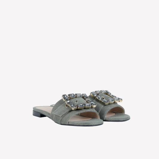FLAT IN JEANS KAKI WITH STRASS ACCESSORY TONE ON TONE FADE - Women's Mules and Slides | Roberto Festa