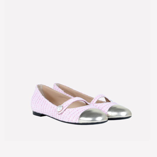 BALLERINA FLAT IN TWEED PINK WITH TOE LUXOR PLATINUM DIVY - Products | Roberto Festa