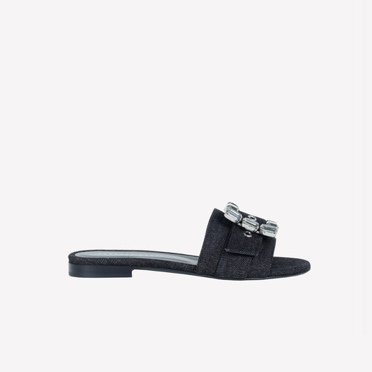 FLAT IN JEANS BLACK WITH STRASS ACCESSORY TONE ON TONE FADE - Women's Mules and Slides | Roberto Festa