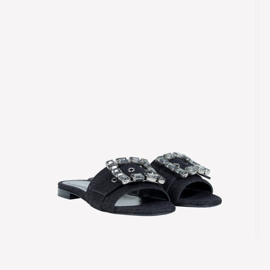 Slider flat in jeans nero con accessorio strass in tinta fade - Prodotti | Roberto Festa