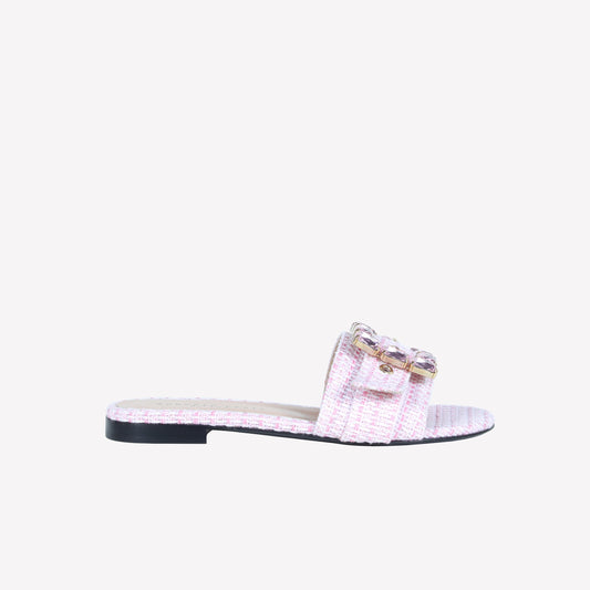 FLAT IN TWEED PINK WITH STRASS ACCESSORY TONE ON TONE FADE - Women's Mules and Slides | Roberto Festa