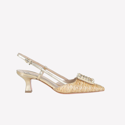 SLINGBACK IN RAFFIA LUX NOCE WITH TONE ON TONE ACCESSORY STEFY - Women&#39;s Shoes: Elegant Footwear | Official Site