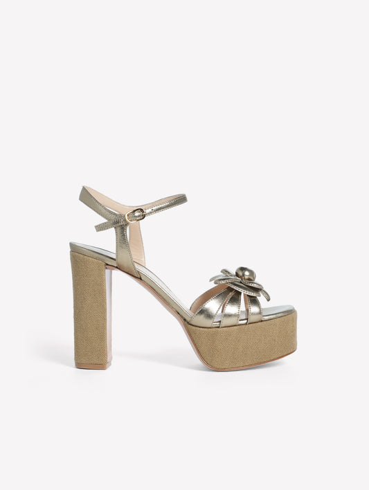 TITANIUM LAMINATED LEATHER SANDAL WITH PLATEAU AND HIGH HEEL IN JUTE CANVAS AND FLOWER ACCESSORY ABEBA - Sandals | Roberto Festa