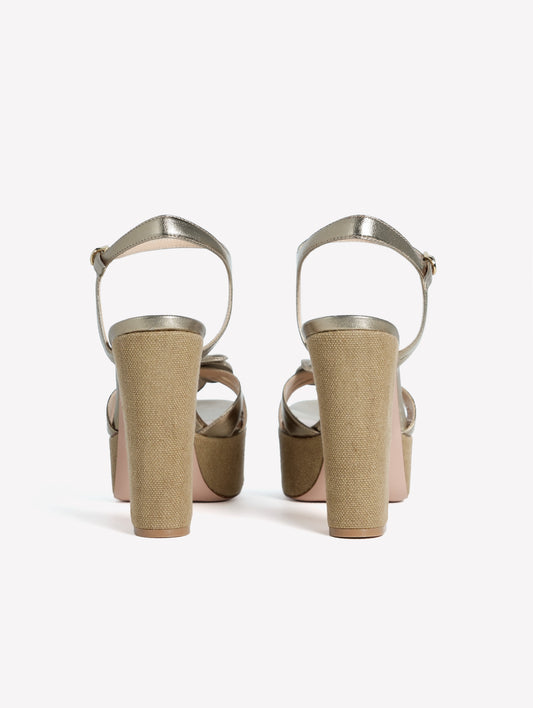 TITANIUM LAMINATED LEATHER SANDAL WITH PLATEAU AND HIGH HEEL IN JUTE CANVAS AND FLOWER ACCESSORY ABEBA - Grigio | Roberto Festa