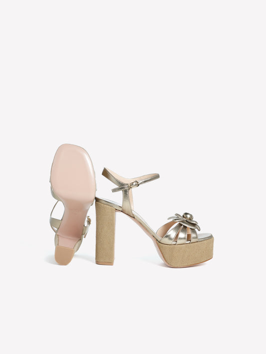 TITANIUM LAMINATED LEATHER SANDAL WITH PLATEAU AND HIGH HEEL IN JUTE CANVAS AND FLOWER ACCESSORY ABEBA - Grigio | Roberto Festa