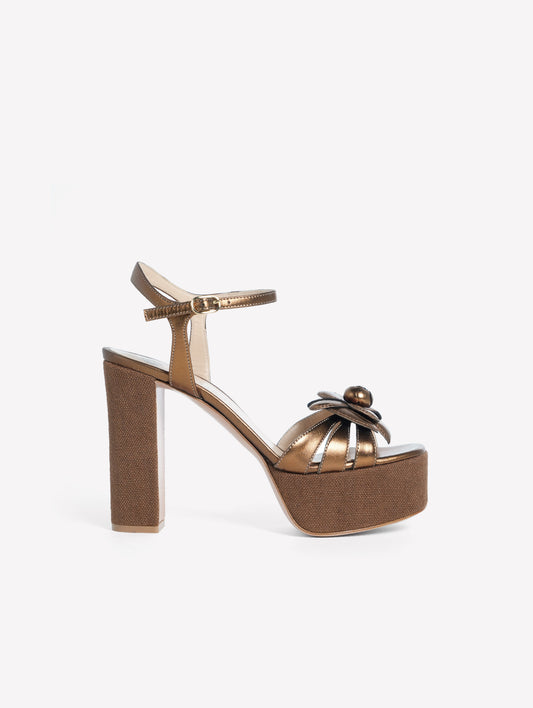 BRONZE LAMINATED LEATHER SANDAL WITH PLATFORM AND HIGH CANVAS HEEL AND FLOWER ACCESSORY ABEBA - Sandals | Roberto Festa