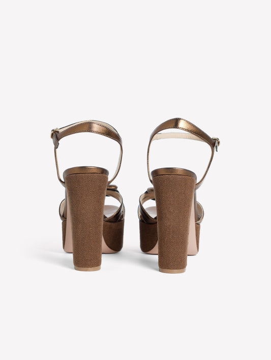 BRONZE LAMINATED LEATHER SANDAL WITH PLATFORM AND HIGH CANVAS HEEL AND FLOWER ACCESSORY ABEBA - Marrone | Roberto Festa