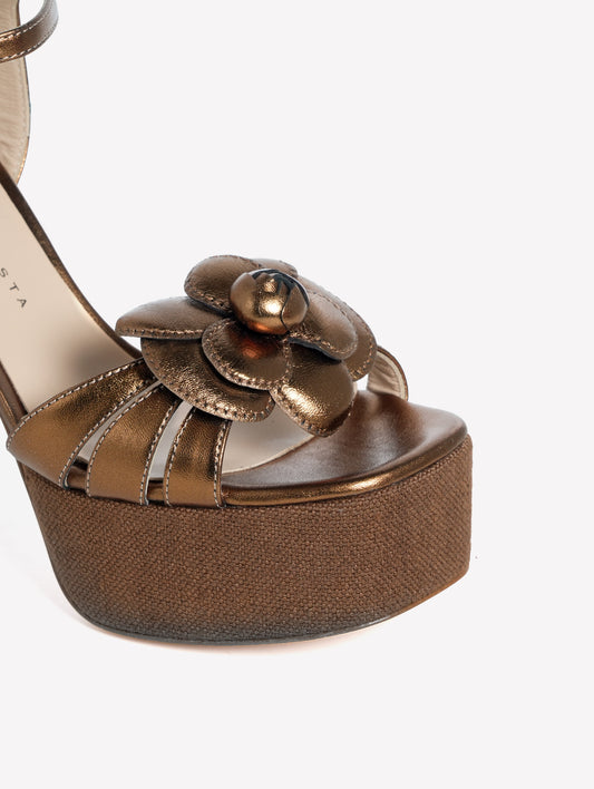 BRONZE LAMINATED LEATHER SANDAL WITH PLATFORM AND HIGH CANVAS HEEL AND FLOWER ACCESSORY ABEBA - Marrone | Roberto Festa