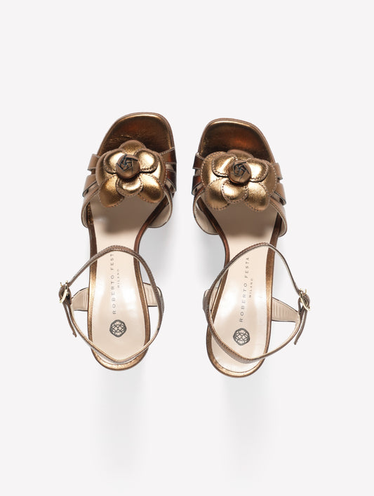 BRONZE LAMINATED LEATHER SANDAL WITH PLATFORM AND HIGH CANVAS HEEL AND FLOWER ACCESSORY ABEBA - Marrone | Roberto Festa