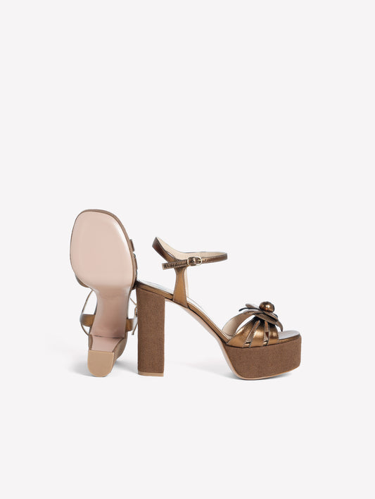 BRONZE LAMINATED LEATHER SANDAL WITH PLATFORM AND HIGH CANVAS HEEL AND FLOWER ACCESSORY ABEBA - Marrone | Roberto Festa