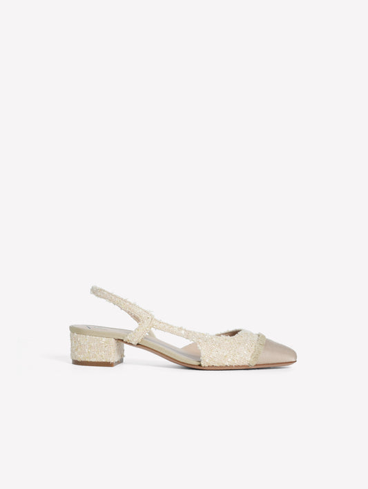 IVORY TWEED SLINGBACK WITH BLACK GROS GRAIN FRINGED TOE CAP ACANTO - Bridal Shoes | Roberto Festa