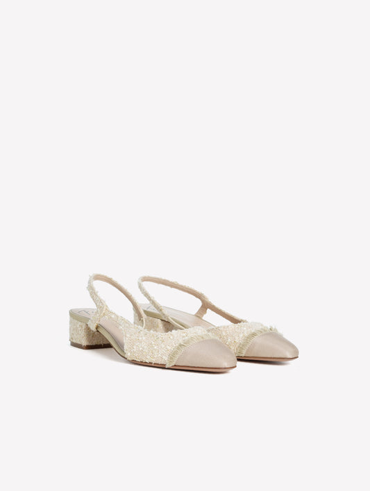 IVORY TWEED SLINGBACK WITH BLACK GROS GRAIN FRINGED TOE CAP ACANTO - Bridal Shoes | Roberto Festa
