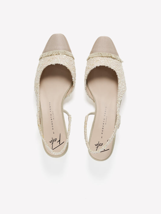 SLINGBACK IN TWEED AVORIO CON PUNTINA SFRANGIATA IN GROS GRAIN NERO ACANTO - Beige | Roberto Festa