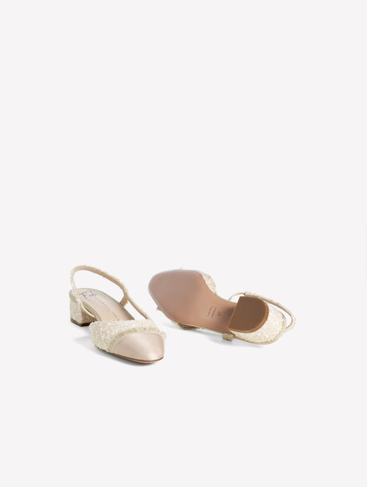 SLINGBACK IN TWEED AVORIO CON PUNTINA SFRANGIATA IN GROS GRAIN NERO ACANTO - Beige | Roberto Festa
