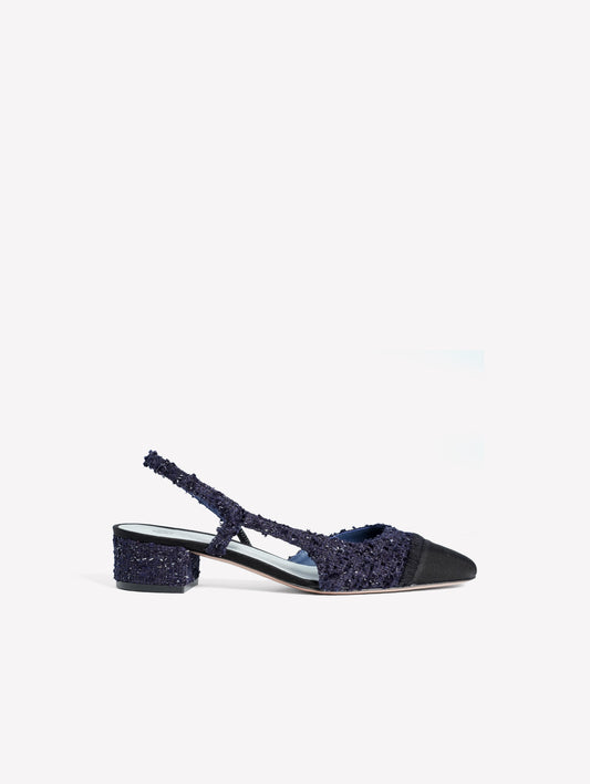 SLINGBACK IN TWEED BLU NAVY CON PUNTINA SFRANGIATA IN GROS GRAIN NERO ACANTO - Scarpe Donna: Calzature eleganti