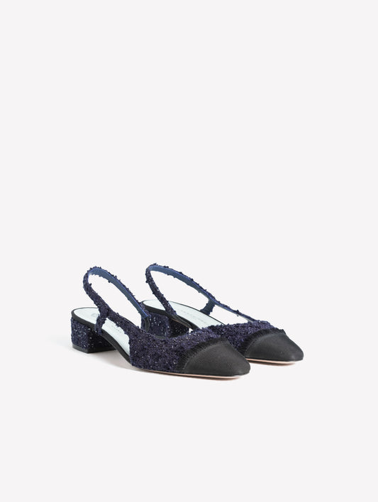 SLINGBACK IN TWEED BLU NAVY CON PUNTINA SFRANGIATA IN GROS GRAIN NERO ACANTO - Scarpe Donna: Calzature eleganti