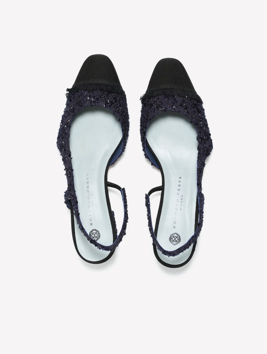 NAVY BLUE TWEED SLINGBACK WITH BLACK GROS GRAIN FRINGED TOE CAP ACANTO - Blu navy | Roberto Festa