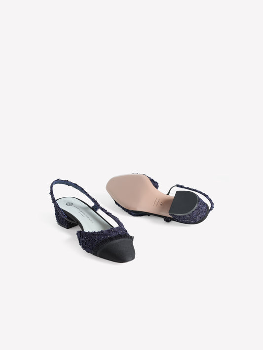 NAVY BLUE TWEED SLINGBACK WITH BLACK GROS GRAIN FRINGED TOE CAP ACANTO - Blu navy | Roberto Festa