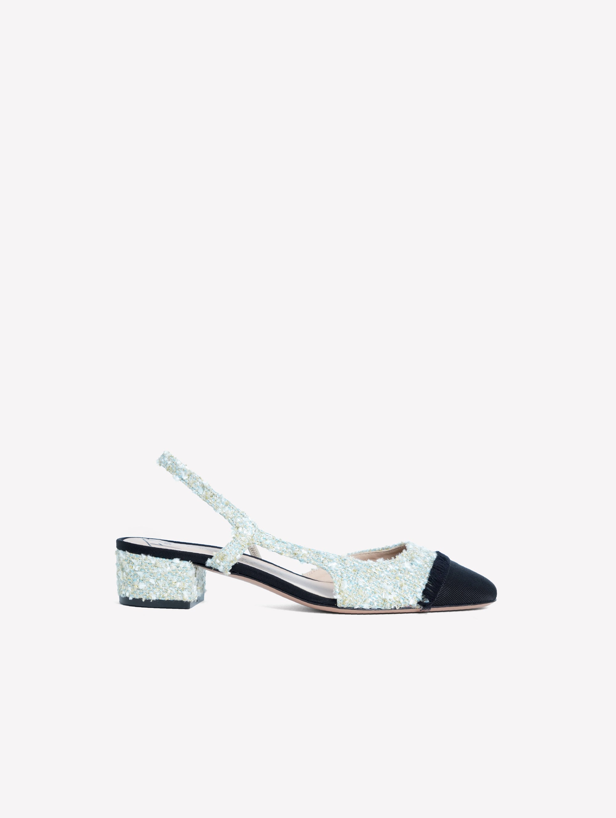 LIGHT BLUE TWEED SLINGBACK WITH BLACK GROSGRAIN FRAYED TOE CAP