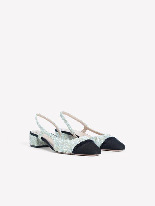 SLINGBACK IN TWEED AZZURRO CON PUNTINA SFRANGIATA IN GROS GRAIN NERO ACANTO - Scarpe Donna: Calzature eleganti