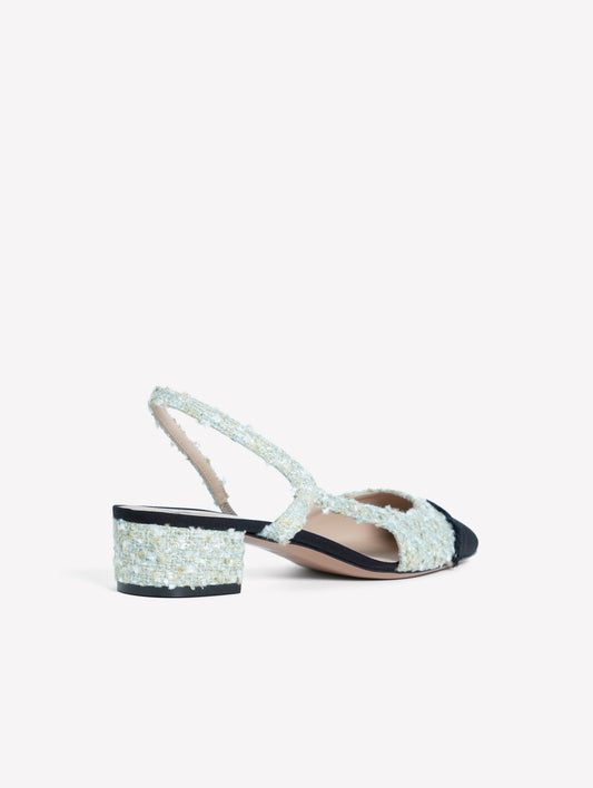 LIGHT BLUE TWEED SLINGBACK WITH BLACK GROSGRAIN FRAYED TOE CAP ACANTO - Azzurro | Roberto Festa