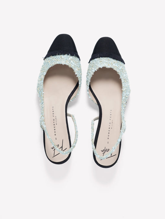LIGHT BLUE TWEED SLINGBACK WITH BLACK GROSGRAIN FRAYED TOE CAP ACANTO - Azzurro | Roberto Festa