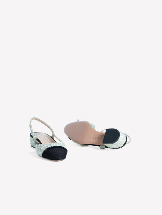 LIGHT BLUE TWEED SLINGBACK WITH BLACK GROSGRAIN FRAYED TOE CAP ACANTO - Azzurro | Roberto Festa