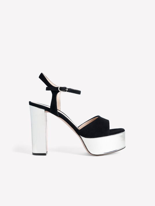 BLACK SUEDE SANDALS WITH PLATFORM AND HIGH HEEL IN LAMINATED LEATHER ADDIS - Sandals | Roberto Festa