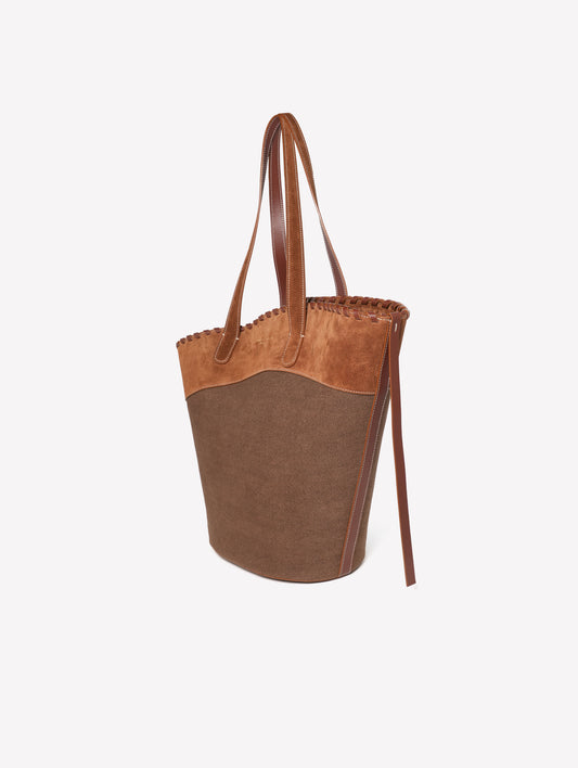 BORSA A SPALLA IN TESSUTO CANVAS MARRONE CON BORDO ASIMMETRICO IN CROSTA MARRONE ADELINA - Marrone | Roberto Festa