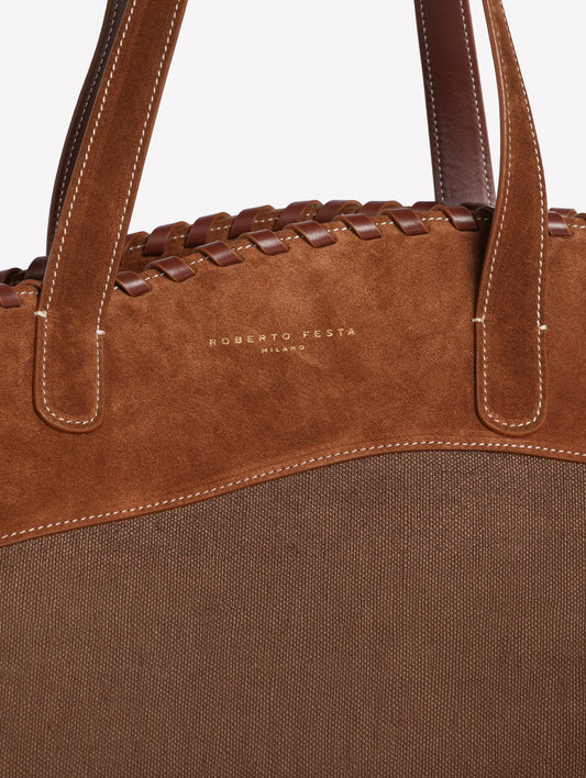 BORSA A SPALLA IN TESSUTO CANVAS MARRONE CON BORDO ASIMMETRICO IN CROSTA MARRONE ADELINA - Marrone | Roberto Festa