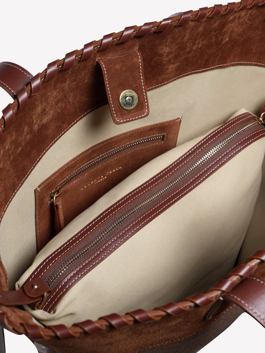 BORSA A SPALLA IN TESSUTO CANVAS MARRONE CON BORDO ASIMMETRICO IN CROSTA MARRONE ADELINA - Marrone | Roberto Festa