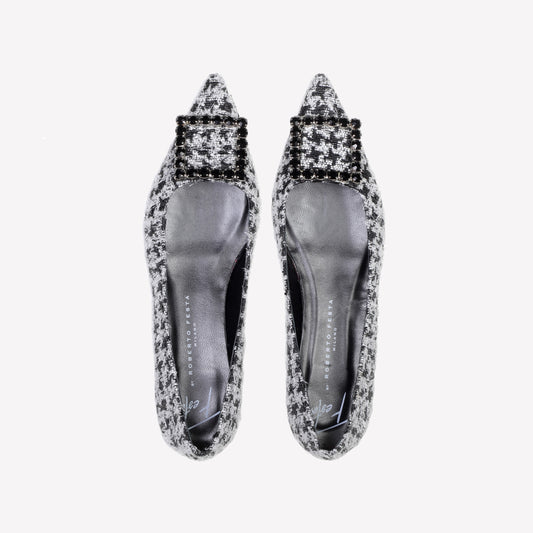 AMAIA EMBELLISHED FLAT IN PIED DE POULE FABRIC - Bianco | Roberto Festa