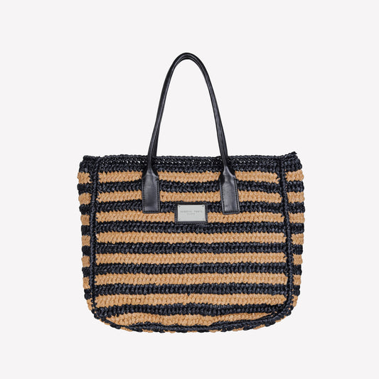 TWO-TONE BROWN HAND WOVEN RAFFIA BAG WITH LEATHER HANDLE ANTIBES - Mix & Match | Roberto Festa