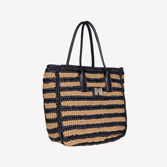 TWO-TONE BROWN HAND WOVEN RAFFIA BAG WITH LEATHER HANDLE ANTIBES - Mix & Match | Roberto Festa