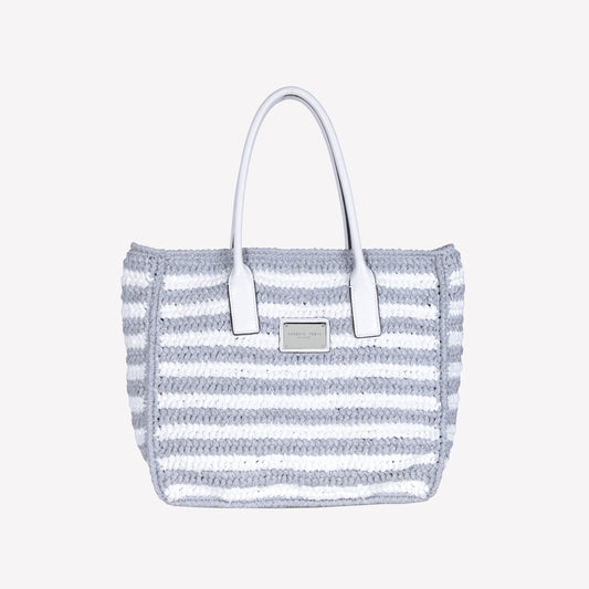 TWO-TONE GREY HAND WOVEN RAFFIA BAG WITH LEATHER HANDLE ANTIBES - Products | Roberto Festa