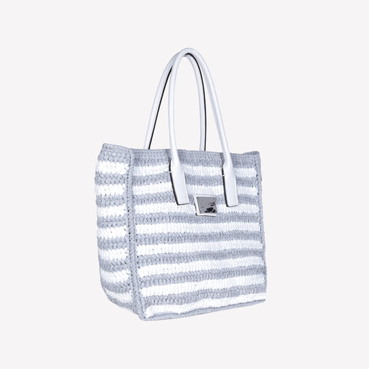 TWO-TONE GREY HAND WOVEN RAFFIA BAG WITH LEATHER HANDLE ANTIBES - Products | Roberto Festa