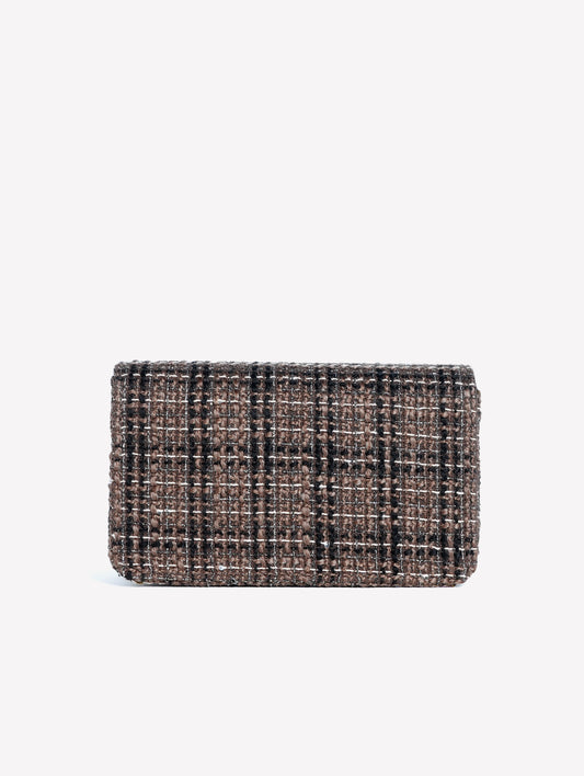 BORSA A SPALLA IN TWEED TRICOLORE CON FIBBIA STRASS ANZALEA - Taupe nero e bianco | Roberto Festa